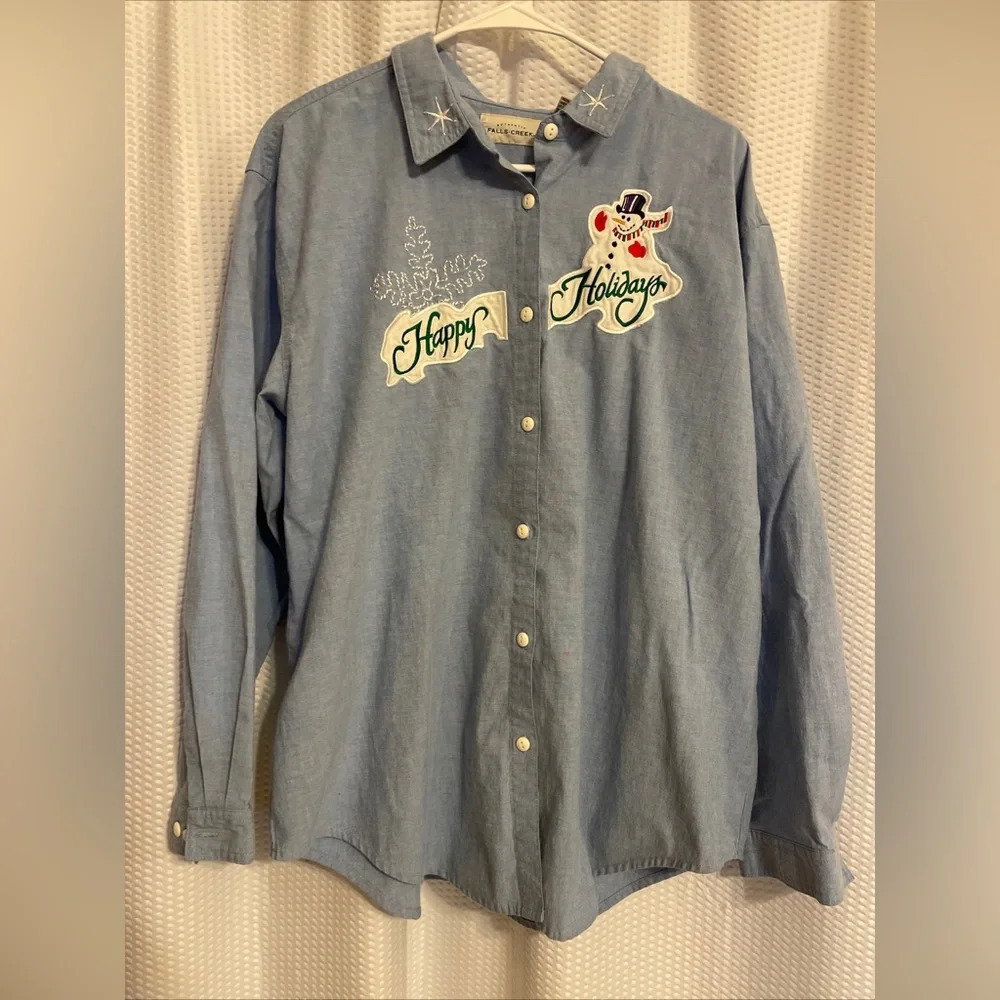 Falls Creek Denim Long Sleeve Button-Down Christmas Snowman Shirt Size 20W